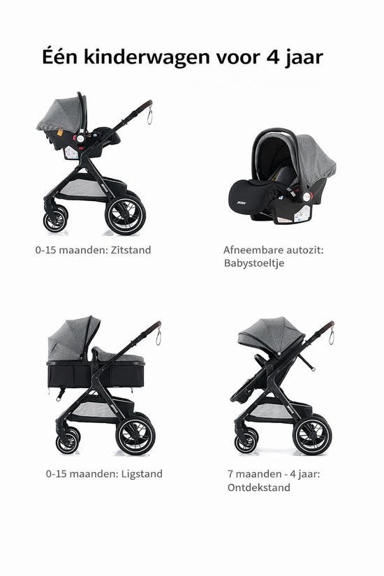Luxe Kinderwagen 3-in-1 - Kinderwagen - Reiswieg - Autostoel - Stijlvol en Comfortabel - Geschikt voor kinderen van 0-2 jaar -grijs van Merkloos — afbeelding 2