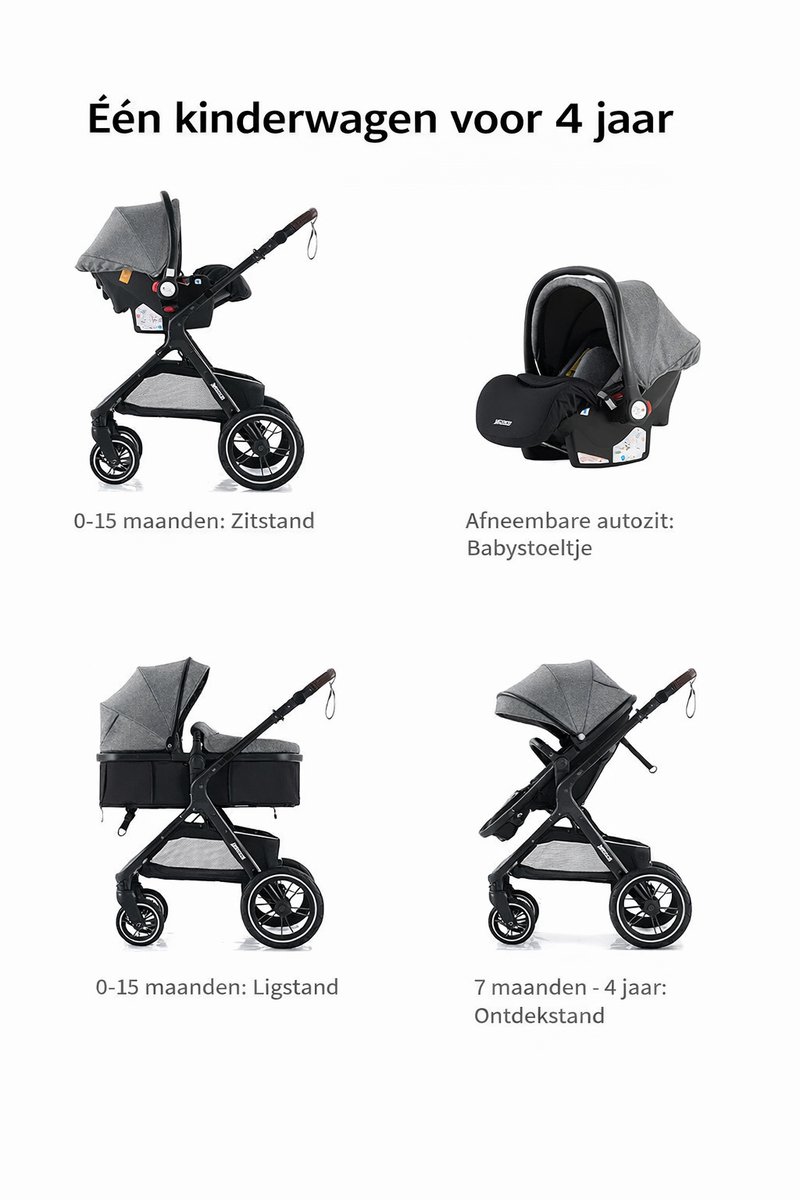 Luxe 3-in-1 Kinderwagen Grijs met Reiswieg en Autostoel - afbeelding 2