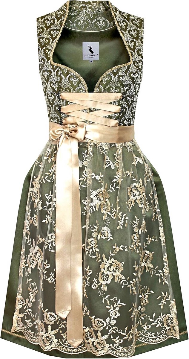 Midi-dirndl met kanten schort en elegante kleuren, maat 32-54