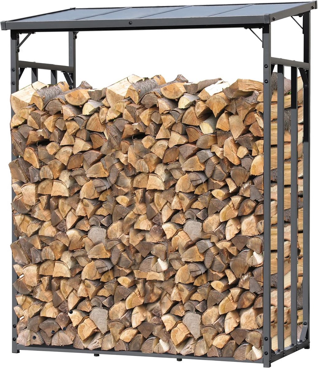 Metalen Houtrek voor Tuin 143 x 70 x 185 cm - Houtopslag met Polycarbonaat Dak