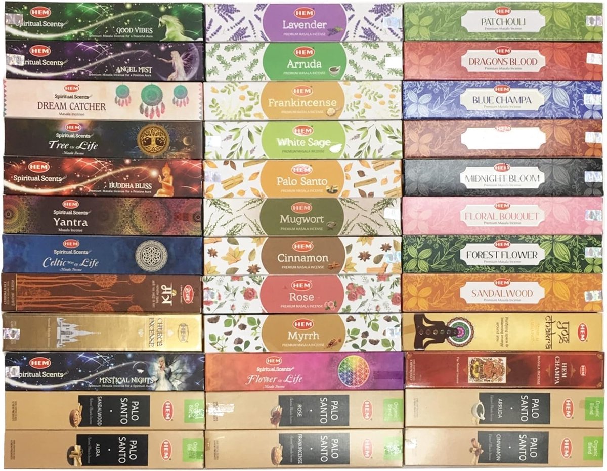 HEM Assorted Masala Wierook Natural Series – 12 Verschillende Geuren, Handgerold, 12 x 15 g | Voor Ontspanning, Meditatie en Positieve Energie met Kajal Sticker