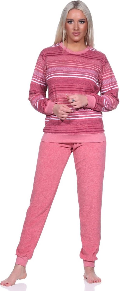 Warme badstof pyjama voor dames met lange mouwen en gestreepte print in grote maten