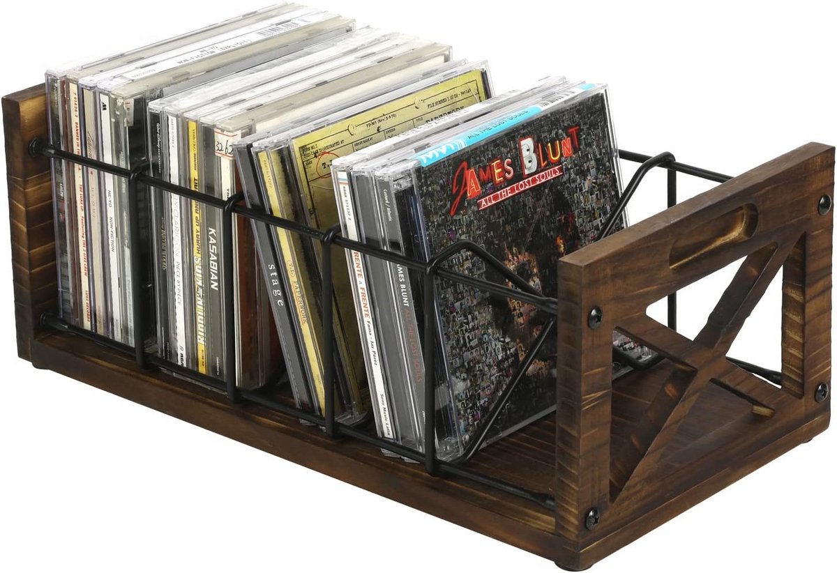 Vijfslots CD/DVD Opberghouder met Handvatten - Rustieke Houten en Stalen CD/DVD Rack