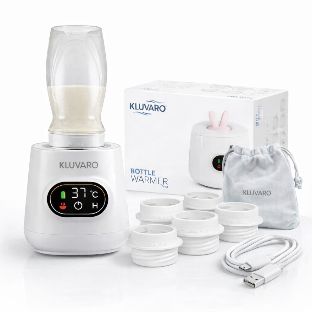 Kluvaro Flessenwarmer - Draagbare Flessenverwarmer voor Onderweg - Zeer Snel - Slimme timer - Geschikt voor alle merken - Wit