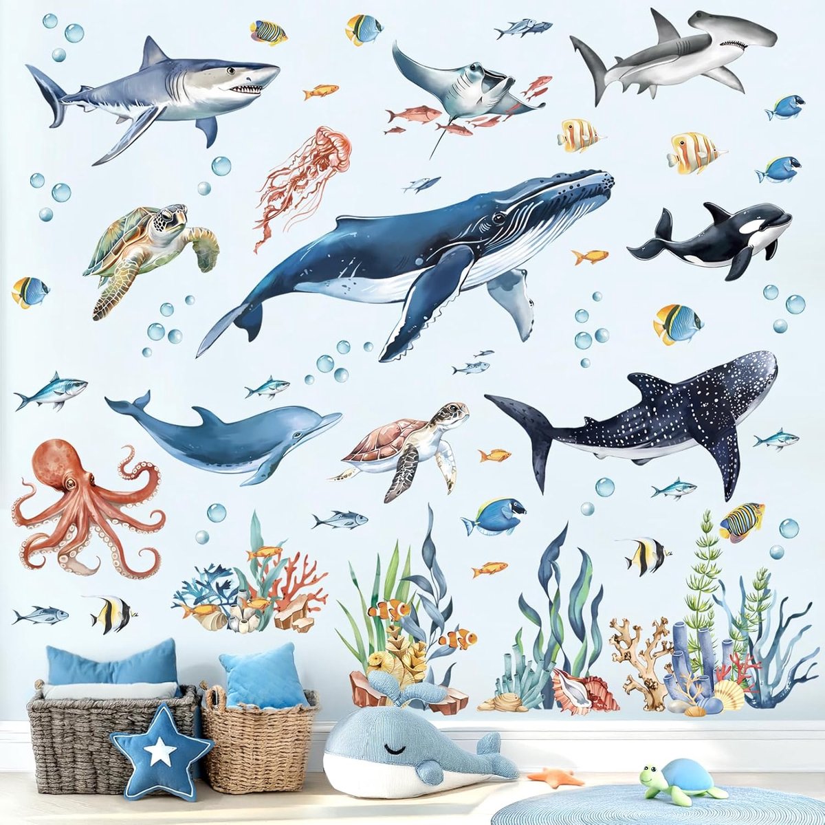 PromoHome Zeedieren Muursticker Set - Kleurrijke Oceaan Decoratie