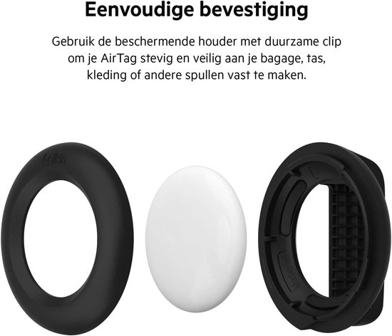 Zwarte Belkin AirTag houder met clip, witte AirTag en zwarte ring