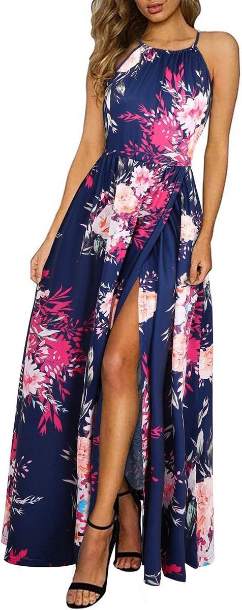 Elegante Maxi Jurk Dames Zomerjurk Halterhals Bloemig Strandjurk