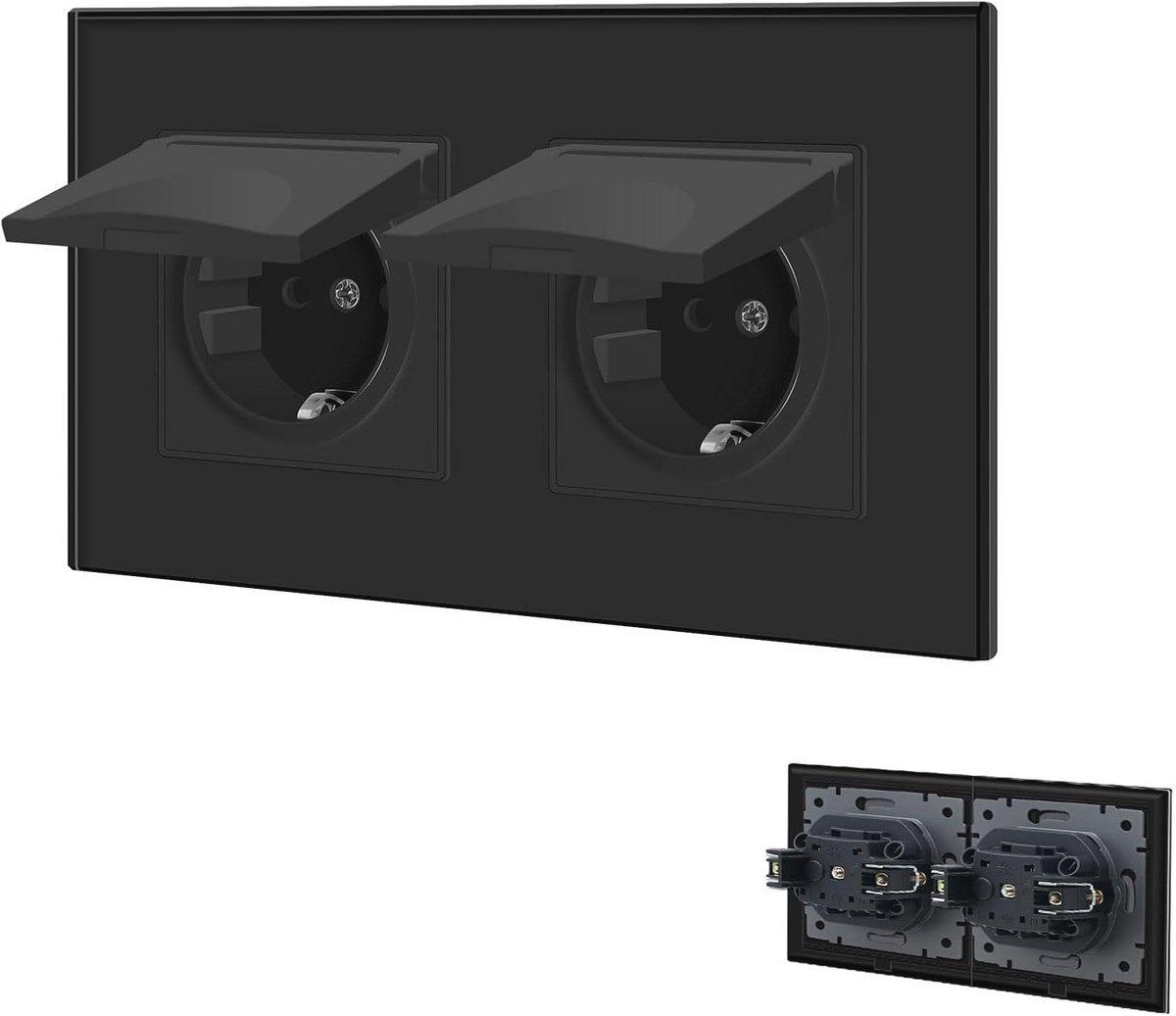 Dubbele Waterdichte Stopcontact met Kristalglas Plaat en Steekklem - 16Amp Wandstopcontact Zwart