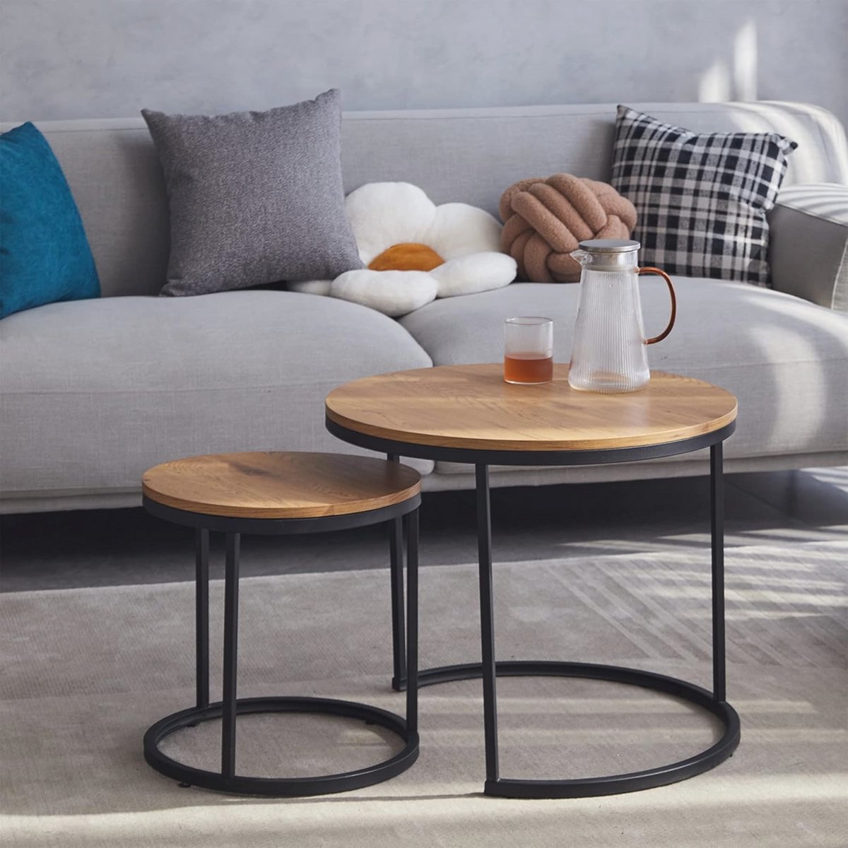 Set van 2 ronde salontafels en bijzettafels, hout, voor woonkamer en slaapkamer