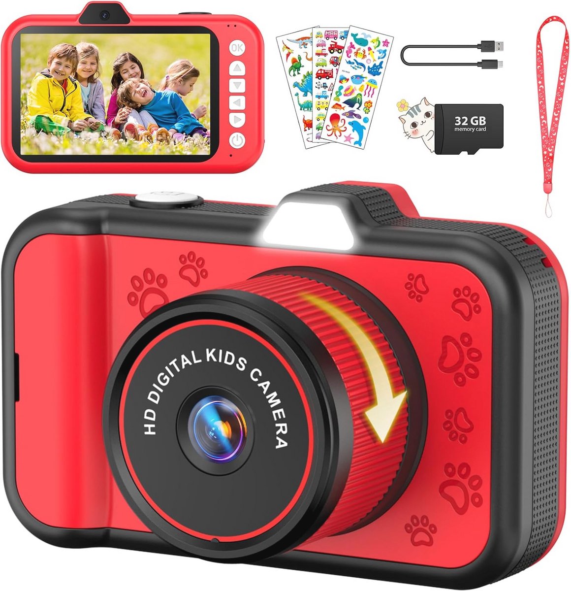 Usteetic Kindercamera, 3,5 inch (8,9 cm) groot scherm, kindercamera met 360° draaibare zoomlens, led-flits, 32 GB TF-kaart, 1080p digitale camera voor kinderen, cadeau voor 3-12 jaar