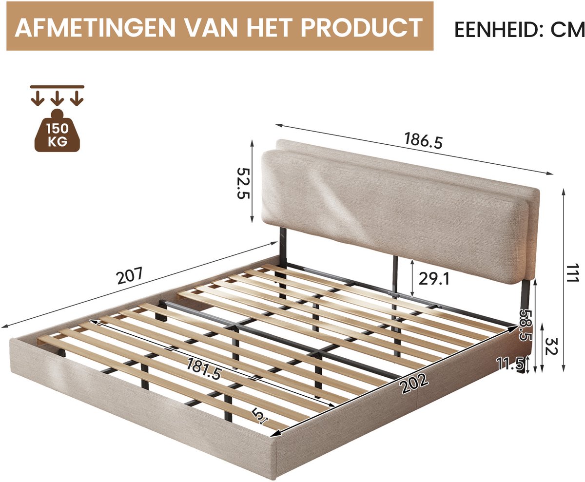 Guyii Tweepersoons Bedframe met Hoofdbord – 180x200 cm – Stof – Lattenbodem – Modern Design Bedframe