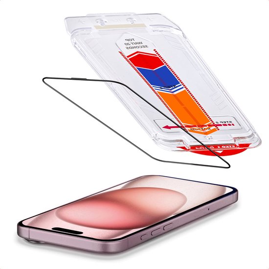 Een glazen screenprotector wordt uit de applicatorkit gehaald boven een smartphone.