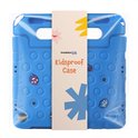 Blauwe "Kidsproof Case" tablet hoes verpakt in plastic, met 'imoshion kids' logo.
