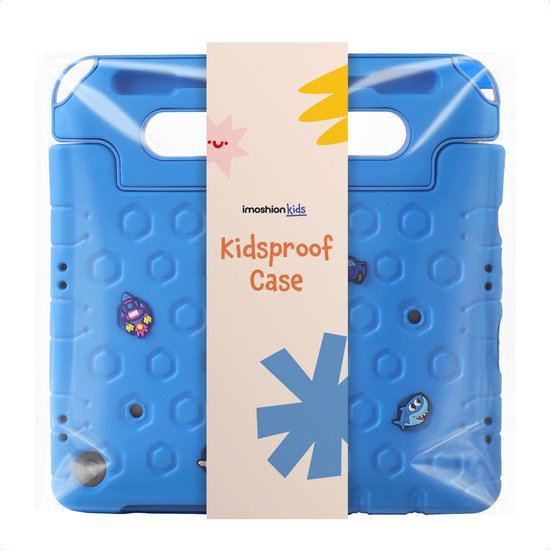 Blauwe "Kidsproof Case" tablet hoes verpakt in plastic, met 'imoshion kids' logo.
