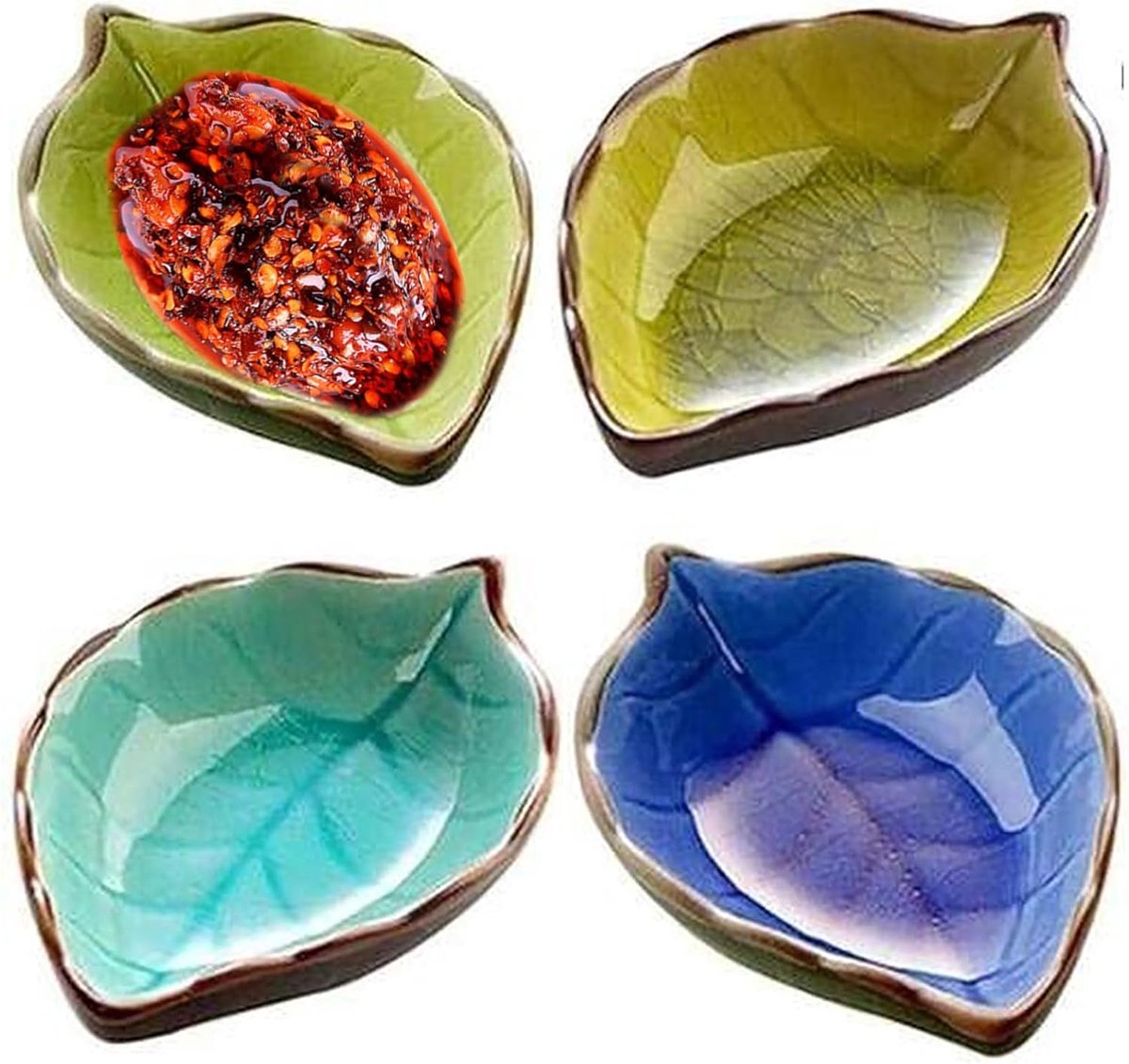 Set van 4 mini keramische schoteltjes, kleine borden voor snacks, bladeren vorm, handgemaakt sauzen schalen
