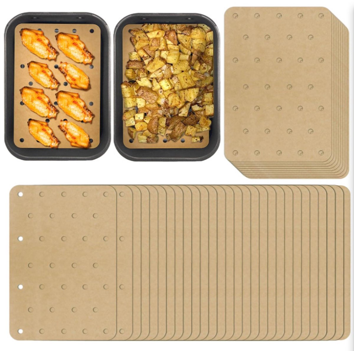 100 stuks heteluchtfriteuse bakpapier, geperforeerd, antiaanbaklaag,14*20.5cm