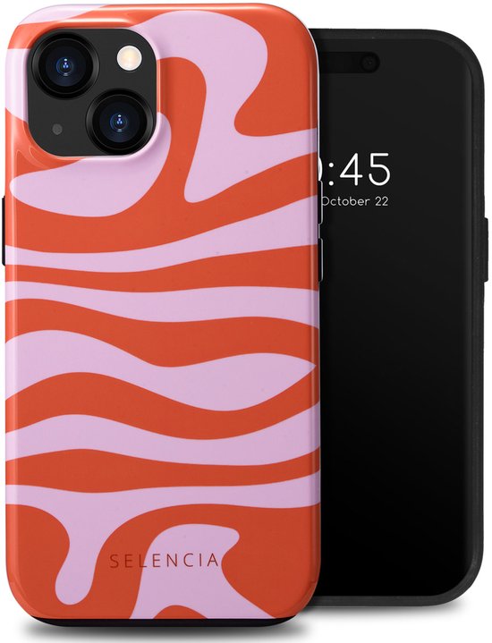 Coque pour iPhone 15 avec un motif rose et orange 'Dream Swirl'. Le logo 'SELENCIA' est visible.