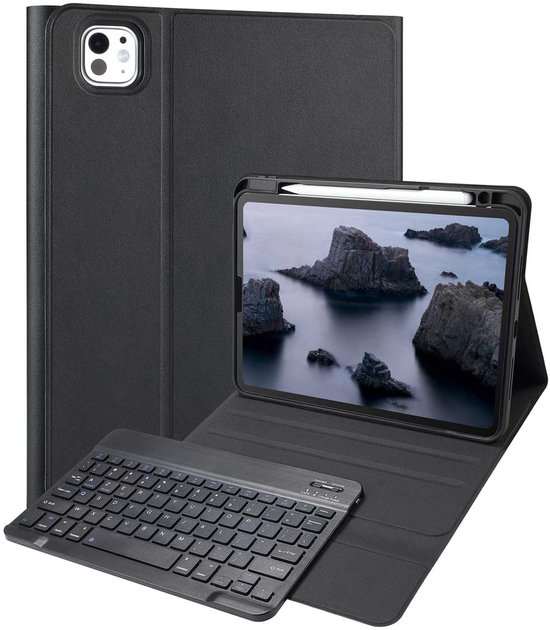 Zwarte tablethoes opengeklapt met AZERTY toetsenbord en een iPad met Apple Pencil.