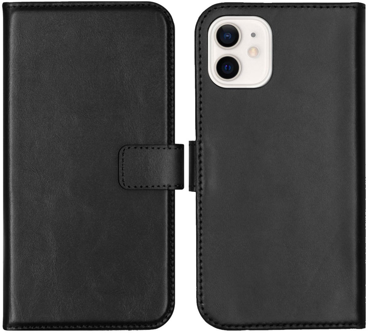 Selencia Hoesje - Geschikt voor Apple iPhone 12 Mini - Echt Lederen Bookcase - Zwart