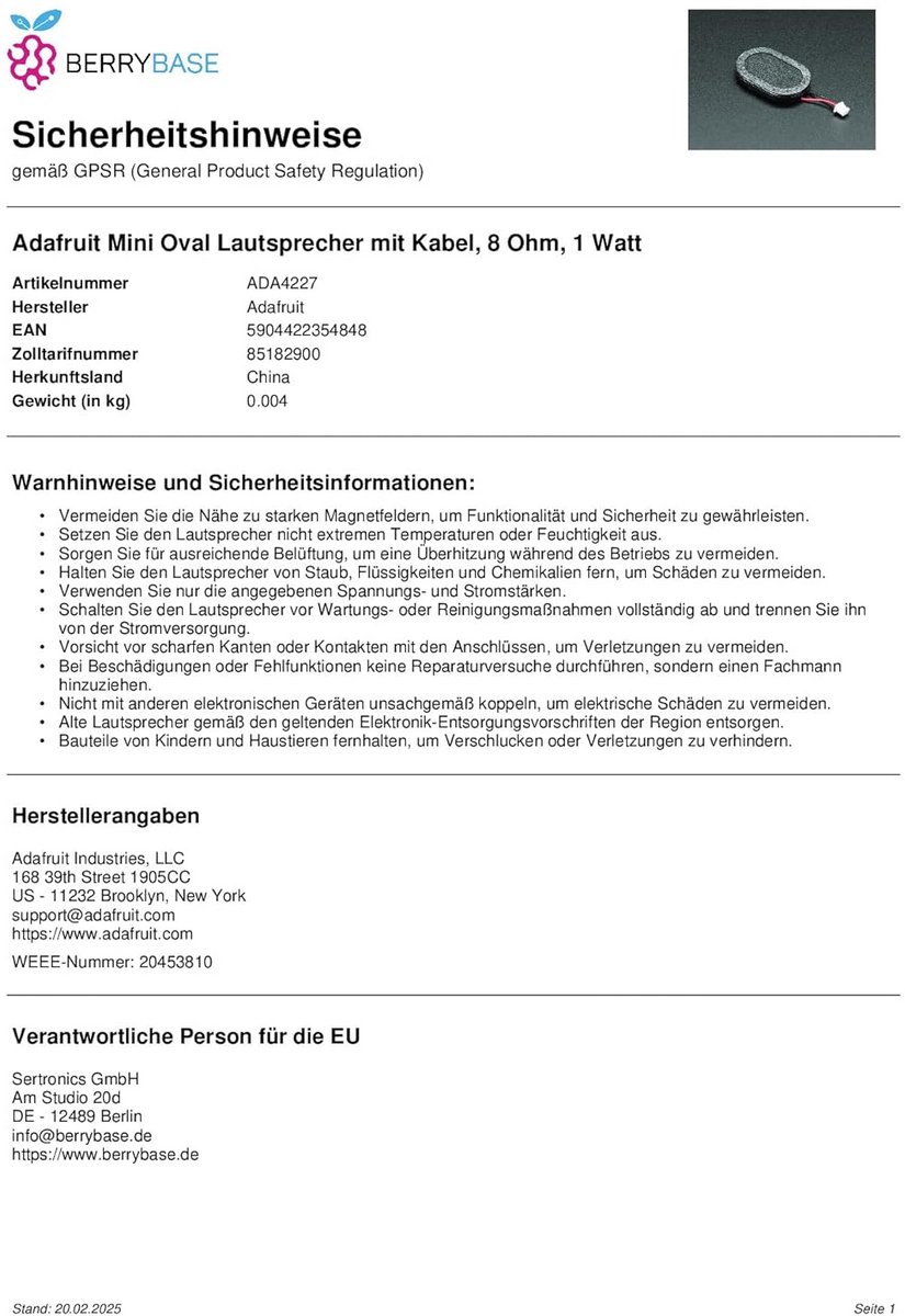 Mini ovale luidspreker 8 Ohm 1 Watt voor audioprojecten