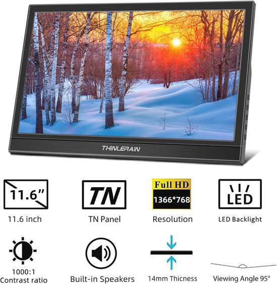 Draagbare 11.6 Inch HDMI-Monitor - 1366 x 768 TN Led-Display voor Raspberry Pi, Laptop en Computer — afbeelding 4