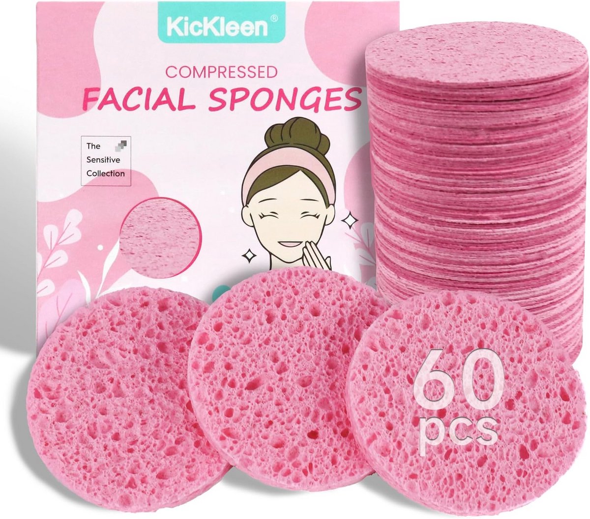 60 gecomprimeerde cellulose gezichtsponsen voor dagelijkse reiniging en exfoliatie