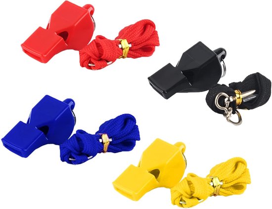 Set de 4 sifflets de sport professionnels en plastique, avec cordonnet, adaptés au sport, au basketball, au football, au sauvetage, à la randonnée, idéal pour les entraîneurs et les arbitres (noir, rouge, jaune, bleu).