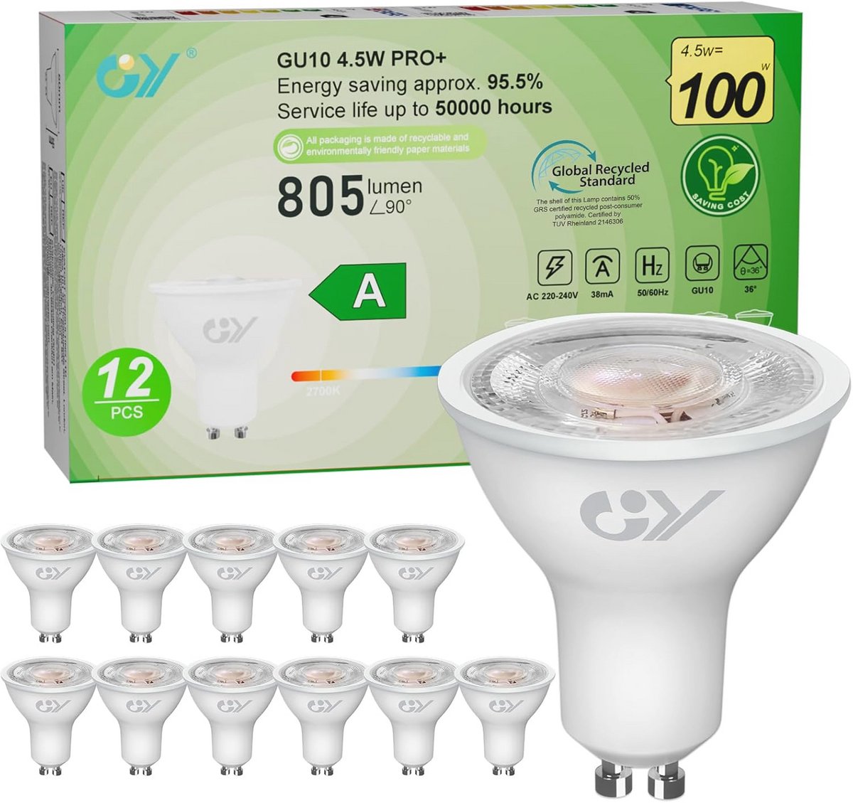 GU10 LED Spotlamp Warmwit 4,5W 2700K 805lm 12 Stuks Energiezuinig