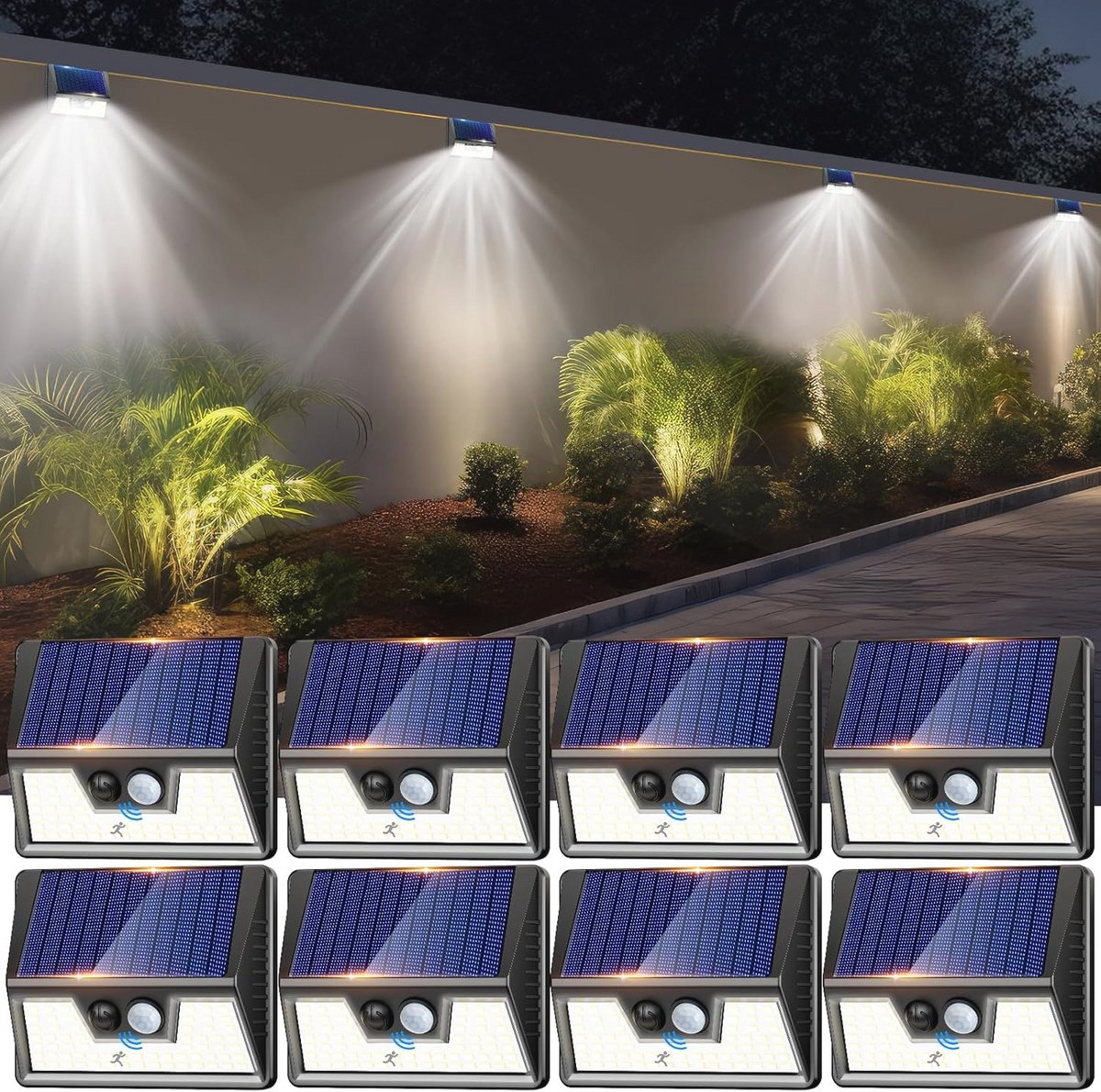 Zonne-energie Led-spot voor Buiten met Bewegingsmelder - 8 Stuks, Waterdicht, 3 Modi voor Tuin, Terras, Garage en Muur