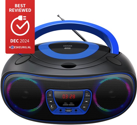 Denver Draagbare Radio CD Speler Kinderen - Bluetooth - Lichteffecten - Boombox - AUX - FM - TCL212BT - Blauw