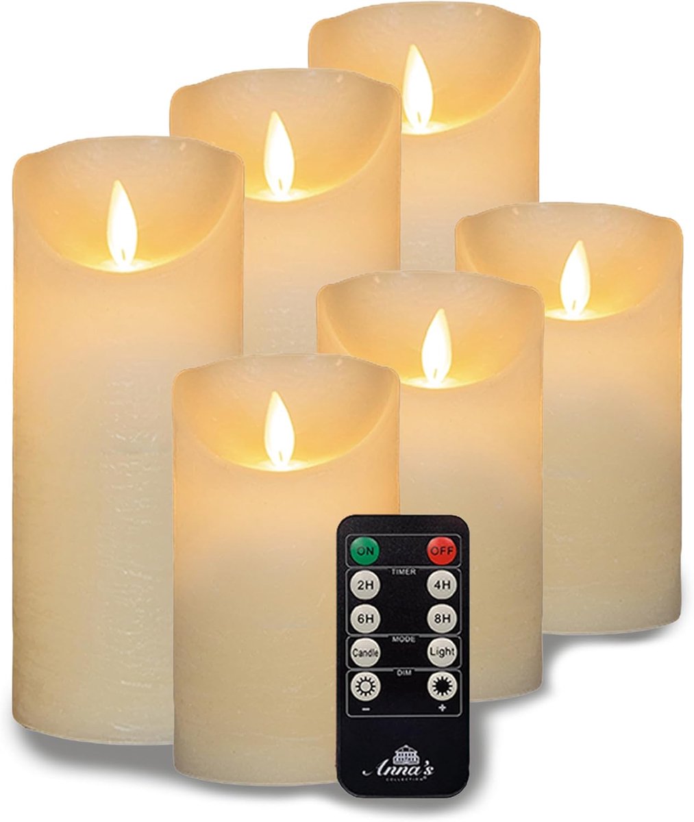 6 grote LED-pilaarkaarsen in ivoorkleur, diameter 10 cm x 15 cm en hoogte 10 cm x 25 cm - elk vereist 2 C-batterijen - LED-kaars met flikkereffect en timer - grote vlamloze LED-kerstverlichting