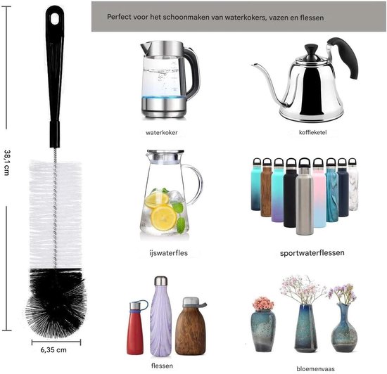 longziming -Flessenborstelset 5-Delig - Flessenrager - Multifunctionele Borstels - Lange Reinigingsborstels - voor Drinkflessen, Karaffen, Rietjes en Babyflessen - Zwart van longziming — afbeelding 3