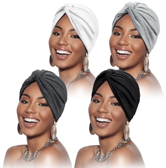 Set de 4 doux foulards de tête/bonnets plissés pré-noués pour femmes, convenant à la chimiothérapie/traitement du cancer, disponibles en 4 couleurs.