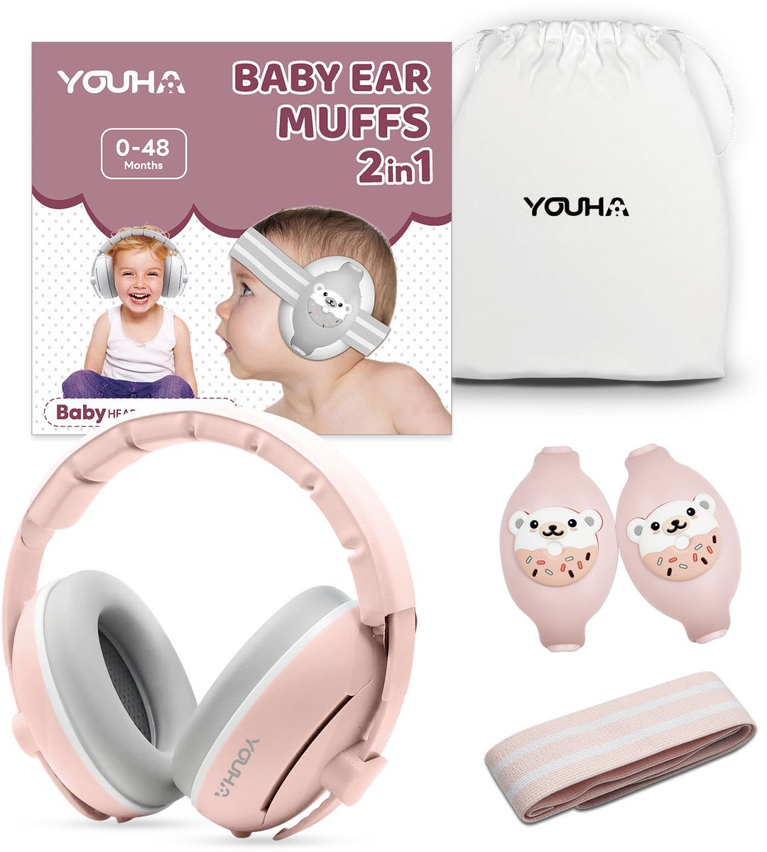 Youha gehoorbeschermingsset - gehoorbescherming geschikt voor Baby’s en Peuters (0-4 jaar) - 2-in-1 set - Anti slip- en klitterband - Kleur: Roze