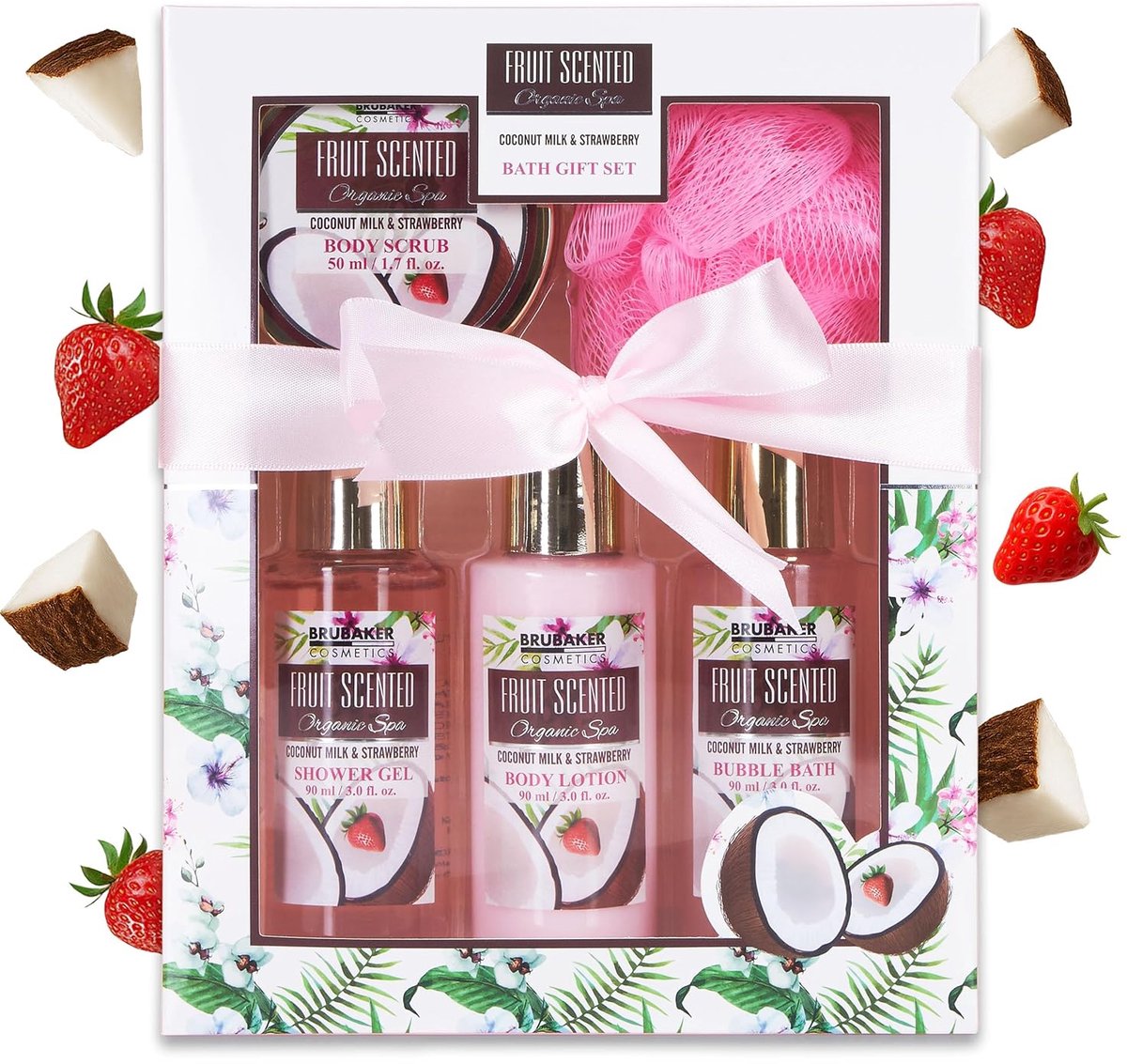 BRUBAKER Cosmetics Bad- en Doucheset Kokos- en Aardbeiengeur- Cadeautip Vrouw - Cadeau Idee - 5-delige Cadeauset - Cadeau - Moederdag Cadeautje