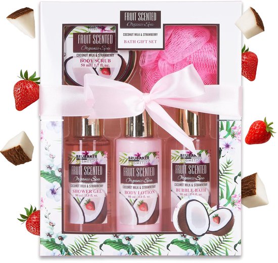 BRUBAKER Cosmetics Bad- en Doucheset Kokos- en Aardbeiengeur- Cadeautip Vrouw - Cadeau Idee - 5-delige Cadeauset - Cadeau - Moederdag Cadeautje