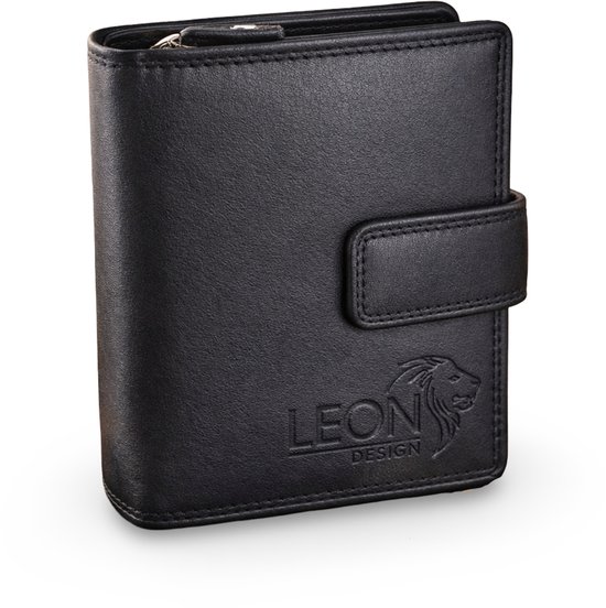 LeonDesign - Portemonnee heren & dames - Hoogwaardig zwart leer - Compact model - Kleine portefeuille met rits en buitensluiting