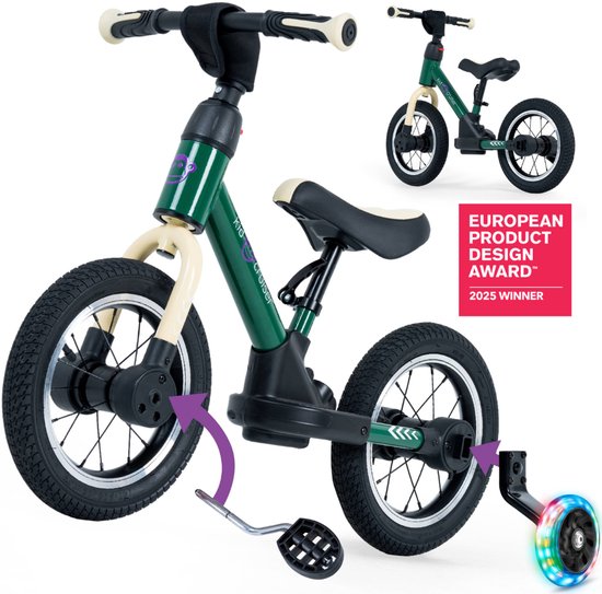 Foto: Kidcruiser loopfiets 2 jaar met led zijwieltjes trappers 3 in 1 kinderfiets 12 inch donker groen modulair design driewieler loopfiets