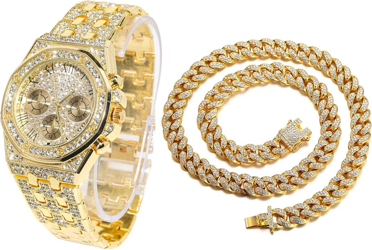 Gouden Diamanten Horloge voor Mannen met Iced Out Design en Cubaanse Schakelketting