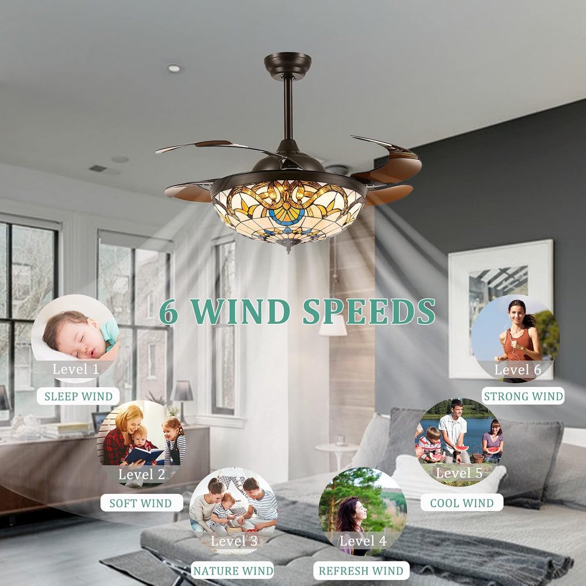 Plafondventilator met Licht en 6 Snelheden Tiffany Stijl Dimbaar