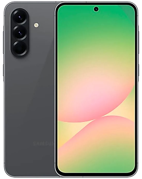 Grijze Samsung Galaxy A56 5G smartphone, van voren en van achteren getoond met een kleurrijke wallpaper.