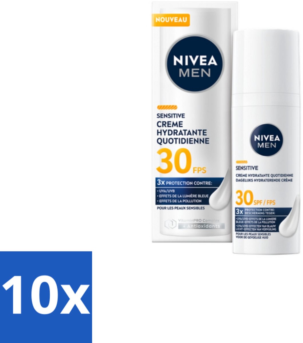 NIVEA MEN – Gezichtscrème – Sensitive, Gevoelige huid, SPF30 – 50 ml - Bulkverpakking - 10 stuks