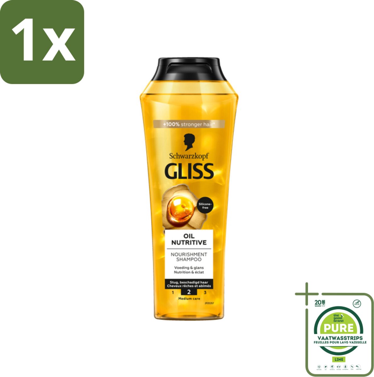1 x Gliss - Shampoo - Oil Nutritive - Voor Voedend en Zijdezacht Haar - 250 ml - Glans Shampoo - Voedende Shampoo - Droog Haar Shampoo - Haarverzorging - Haar Conditioner