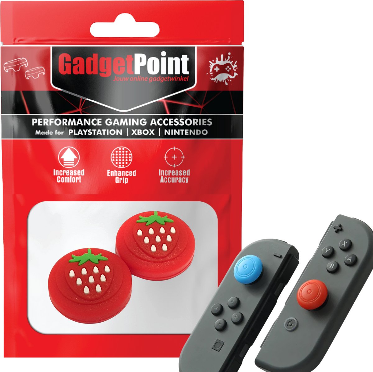 Gadgetpoint - Thumb Grips voor Nintendo Switch Joy-Con Controllers - Gaming Thumbgrips - Performance Anti-Slip Thumbsticks - Bescherming Accessoires - Aardbeien - Rood