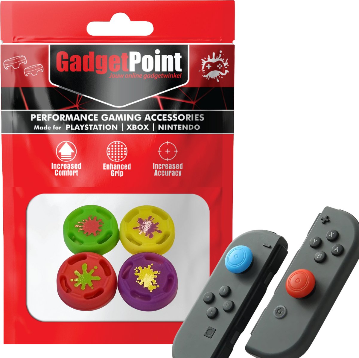 Gadgetpoint - Thumb Grips voor Nintendo Switch Joy-Con Controllers - Gaming Thumbgrips - Performance Anti-Slip Thumbsticks - Bescherming Accessoires - Splash - Roze/Groen/Geel/Paars
