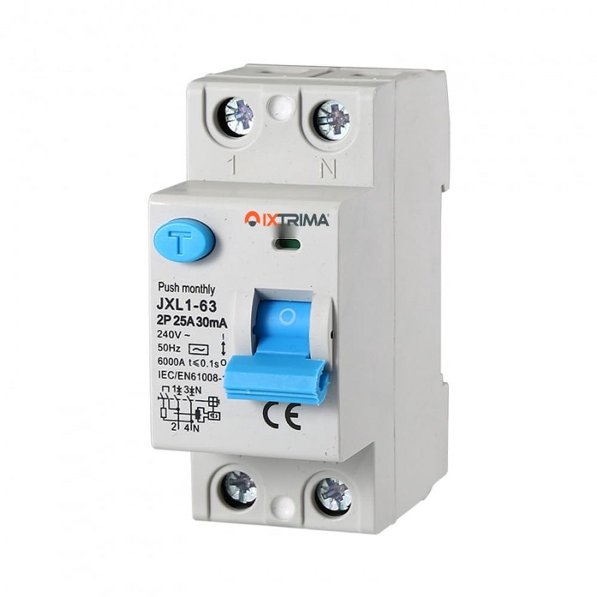 Aardlekschakelaar 25A 2-polig 220V 6kA 30mA voor 2 DIN-modules