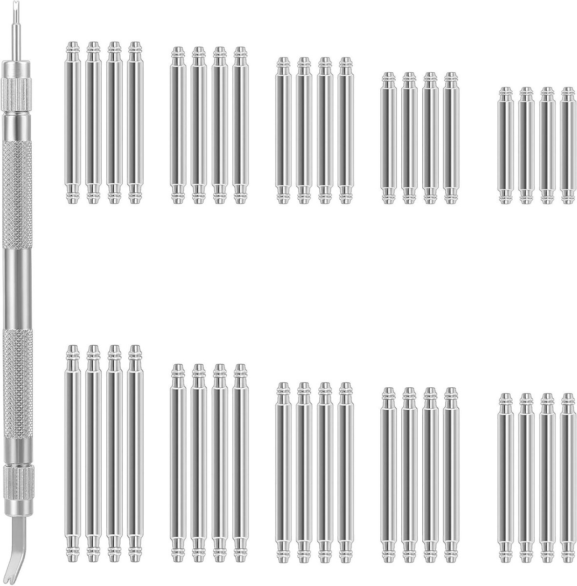 Allecta - Set van 40 stuks horlogebandpennen 8-26 mm, inclusief horloge schakelverwijderaar. Ideaal voor horloge reparatie en aanpassing - Zilverkleurig.