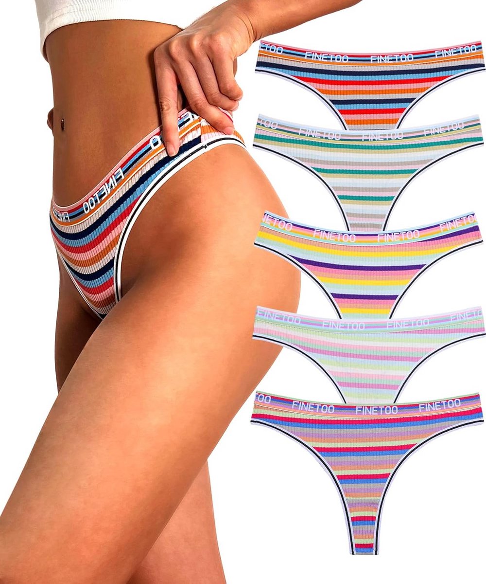 Katoenen String Onderbroeken Dames - 5 Stuks Met Lage Taille en Sportband - Kleurrijke Strepen - Maat S-XL