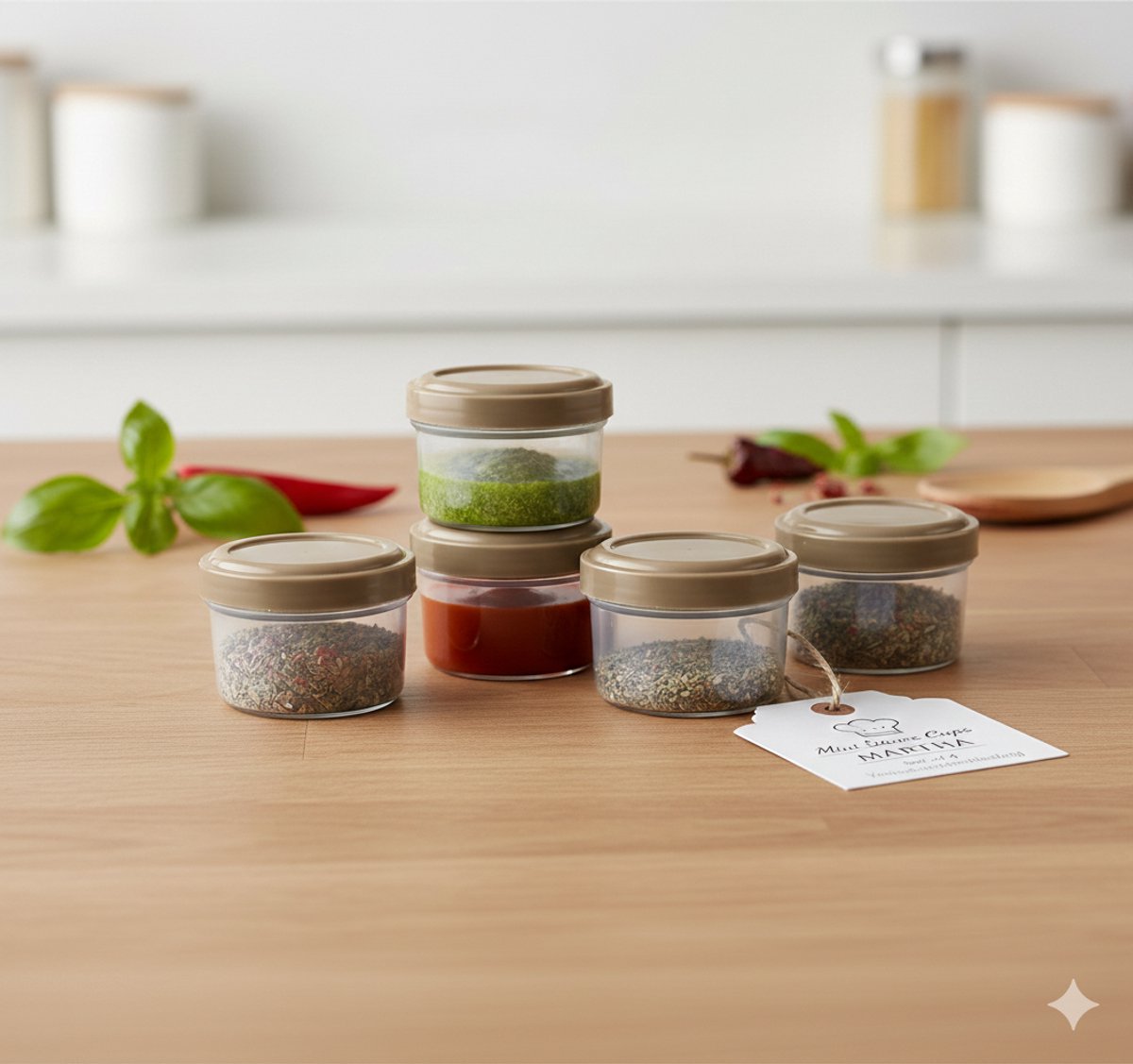 Mini saus cups MARTHA - Taupe / Greige / Transparant - Kunststof - 35 ml - vaatwasserbestendig - Set van 4 - Ø 3,2 cm / H 4,5 cm - Keuken - Eten - Kruiden - Bakjes - Cups - Voorraaddoos - Tupperware - Doosjes