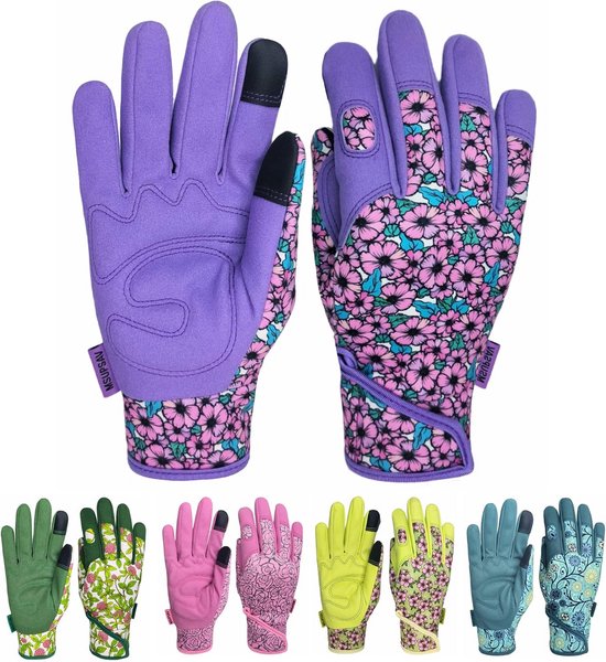 Paarse tuinhandschoenen met een bloemenpatroon, naast een rij met zes andere paar handschoenen in verschillende kleuren en patronen.